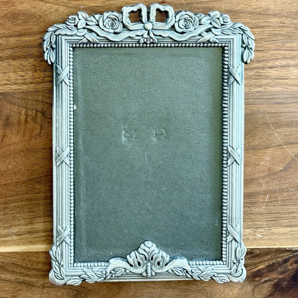 VTG 90s Art Nouveau Floral Bow Pewter Picture Frame 5x7" Cottage Country Core